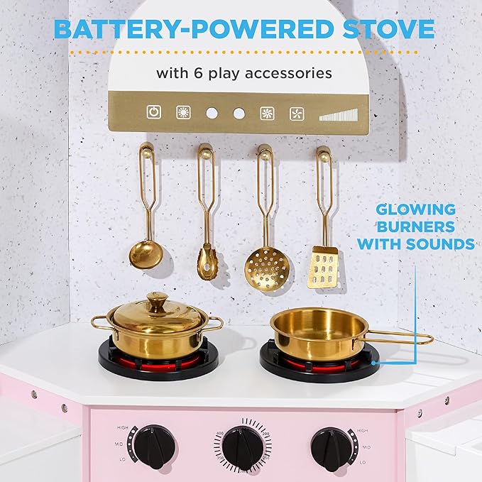 Best Choice Products Pretend Play Corner Kitchen, Ultimate Interactive Wooden Kids Playset w/Lights & Sounds, Ice Maker, Hood - Bevel Pink