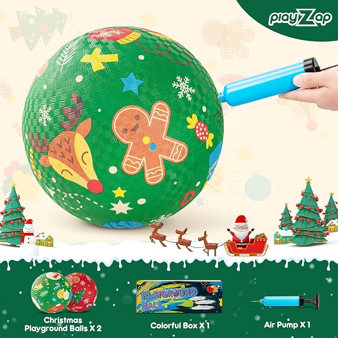 PlayZap 2 Pack Playground Balls for Kids, Christmas Kickballs for Toddlers, 8.5 in Rubber Balls with Pump, Indoor & Outdoor Dodgeball Toys for Boys & Girls Gifts