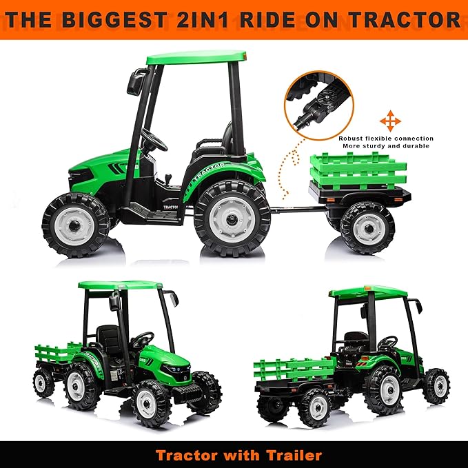 Kidsera 24V Ride on Tractor with Trailer, 4-Gearbox 24volt Dual Motors Metal Frame Battery Powered Electric Tractor Kids Electric Vehicles Power Wheels 24v Ride on Toys for Big Kids (Green)