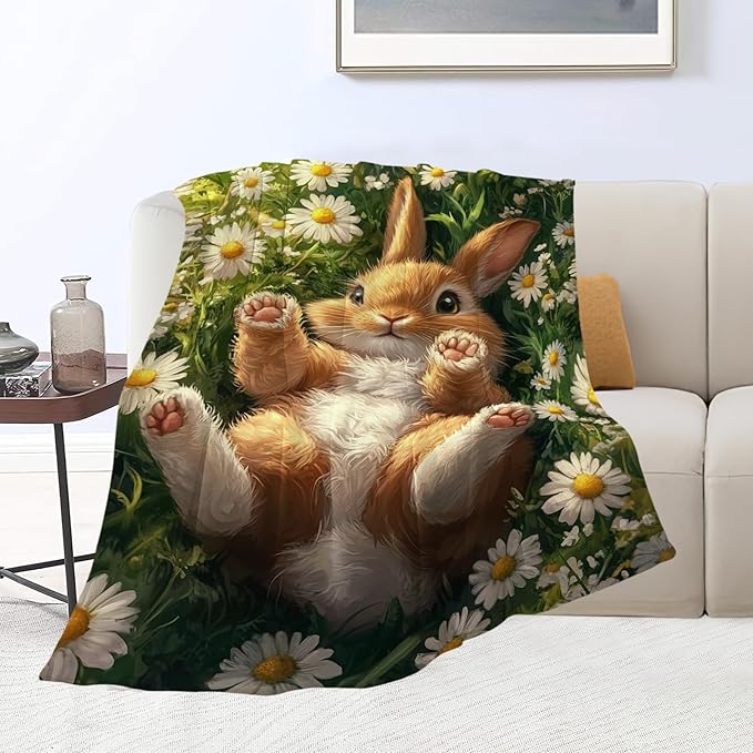 Cute Rabbit Blanket Bunny Hare Throw Blankets Daisy Gifts for Girls Boys Kids Rabbit Lover Soft Cozy Fleece Plush for Couch Sofa Bed 50"x40"
