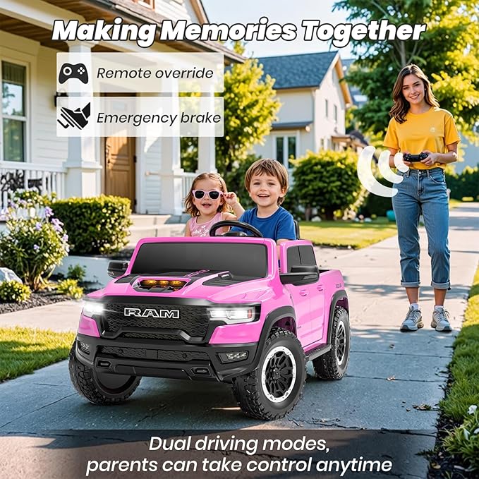 Licensed RAM 1500 RHO 24V Ride on Car for Kids, 2 Seater Pink Car for Girls w/Remote Control, Kids Electric Car with LED Lights, Bluetooth, Music, 4 Wheels Suspension, Truck Bed Storage(Pink)