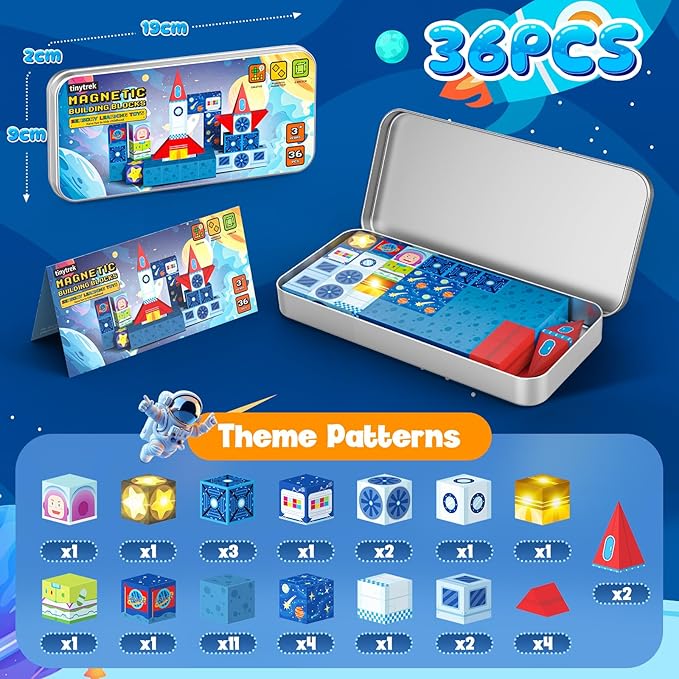 36 PCS Mini Magnetic Tiles Travel Set with Portable Iron Storage Box, STEM Learning Magnetic Building Blocks with LED Light-Up Glow in The Dark, Montessori Sensory Toys Gifts for Toddler, Boys & Girls