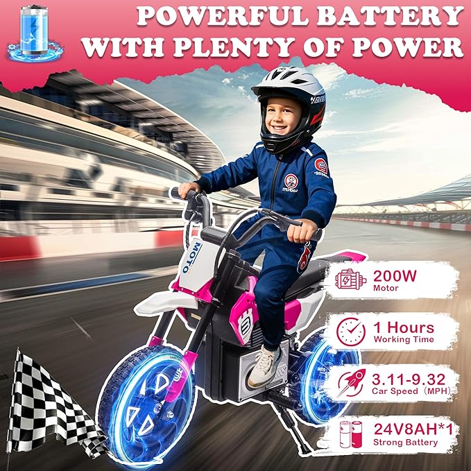 Electric Motorcycle for Kids Ages 5-10, 24V 200W Higher Speed Electric Dirt Bike, Kids Ride On Motorcycle with Rear Wheel Shock Absorber, LED Breath Light, Bluetooth, Music, Horn, Pink
