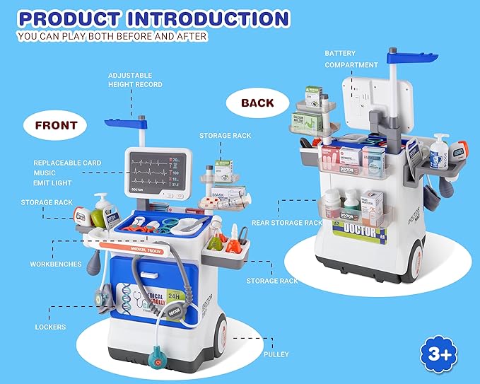 Doctor Kit for Toddlers - Deluxe Pretend Play Medical Cart Toy Set with Stethoscope ,Thermometer,Doctor Costume & Carry Bag - Educational Role Play Gift for Kids Boys & Girls Ages 3 4 5(Blue)