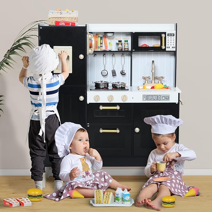 Play Kitchen for Kids, Wooden Kids Kitchen Playset with Realistic Sounds, Children Pretend Toy Kitchen Playset w/Stove, Oven & Ice Maker, Little Chef Play Kitchen for Girls and Boys, Black