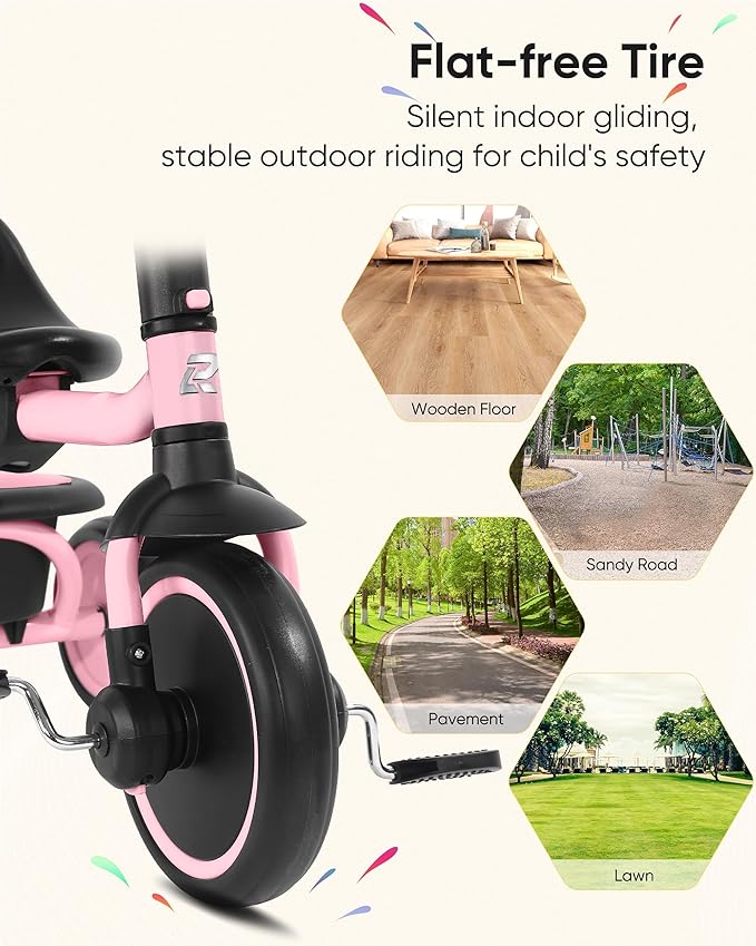 Tricycle for Toddlers 18 Months to 5 Years with Removable Push Handle, Tricycles for 3-5 Year Olds Ideal for On-The-Go Families, Adjustable Carry-Friendly Seat, Pink