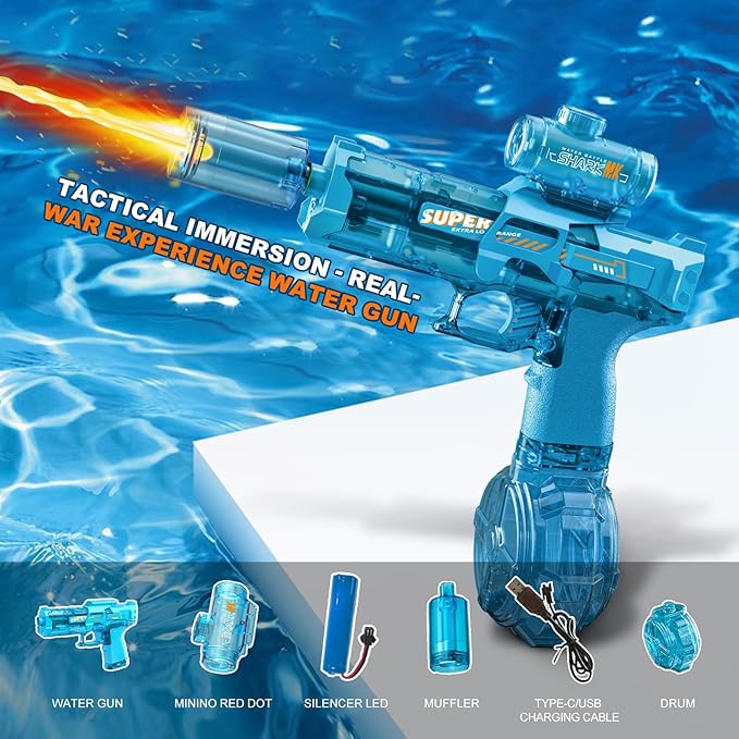 Electric Water Gun for Adults Kids, Automatic Squirt Watergun Pistol with Led Lights, Summer Outdoor Pool Beach Party Toys, Blue