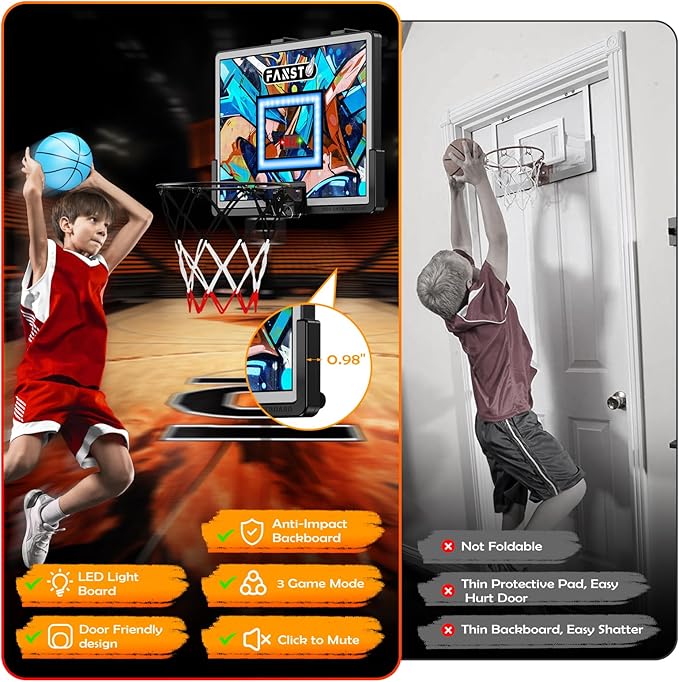 Over The Door Basketball Hoop, Basketballs Hoops Indoor for Kids with LED Cheering, Anti-Impact, 2 Game Mode& Mute Mode, Mini Hoops Door Slam Toy with 4 Ball for 5 6 7 8 9 10 11 12 Old Boys