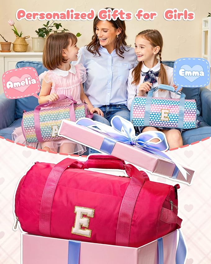 Teenager Girl Gift Ideas, Girls Travel Duffel Bag, Kids Initial Overnight Bags with Shoe Compartment, Customized Sport Gym Weekender Bag with Makeup Pouch, Preppy Stuff (Letter F)