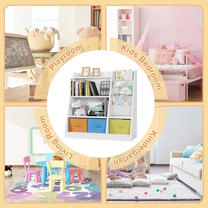 Kids Bookshelf Wood Montessori Toy Storage Organizer Cabinet Shelf Child Bookcase Toddler Baby Sling Book Rack 3 Cube Bin Fabric Drawers for Playroom Bedroom Nursery School