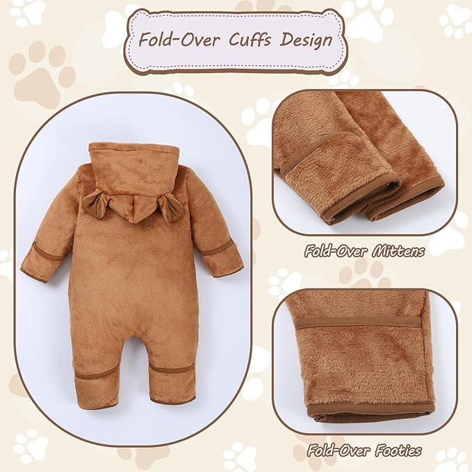Newborn Snowsuit Baby Boy Bear Outfit Infant Girls Fleece Warm Jumpsuit Romper Winter Hooded Clothes