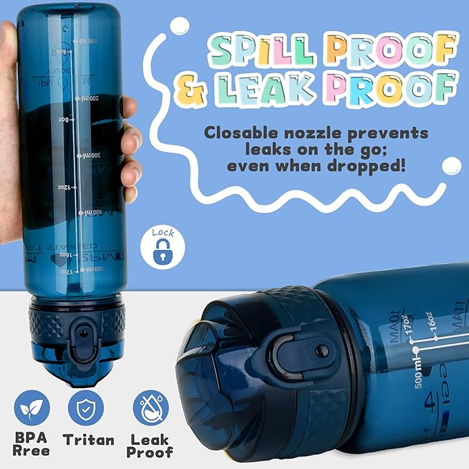 OLDLEY 17oz Kids Water Bottle for school Girls Boys, Motivational Water Bottles With Silicone Straw, Leak-Proof Tritan BPA-Free, Reusable water bottles for kids, Slate Blue