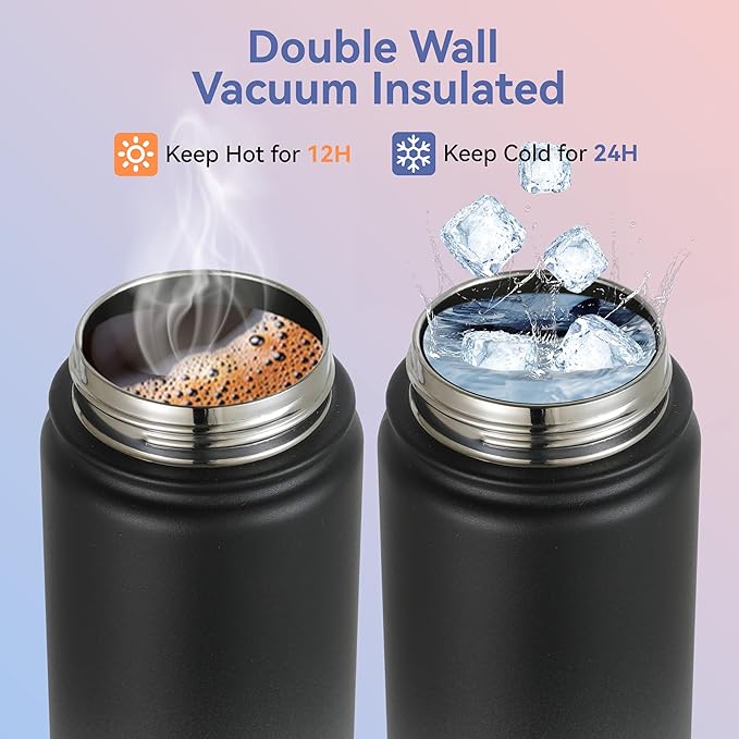 HASLE OUTFITTERS Insulated Water Bottle 16 oz Double Wall Vacuum Stainless Steel Water Bottle kid Leak Proof for School Wide Mouth with Straw Lid & Spout Lid Keeps Cold and Hot(Black and Gray,4pack)