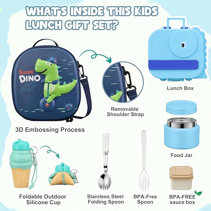 Dinosaur Lunch Box for Kids with Secret Compartment | 4 Compartments Bento Box + 12oz Insulated Food Jar | Leak-Proof Sauce Cup & Collapsible Spoon | BPA-Free, Dishwasher Safe(Blue+Blue Jar)