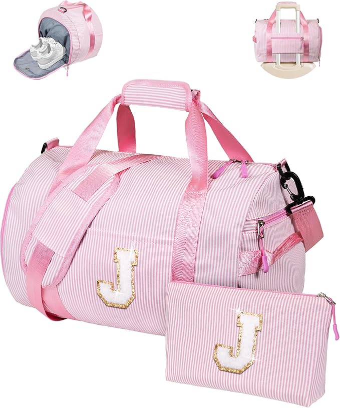 Gifts for Teenage Girl, Girls Travel Duffle Bag, Kids Initial Overnight Bags with Shoe Compartment, Personalized Weekender Bag with Makeup Pouch, Girly Cute Stuff Trip Essentials (Letter J)