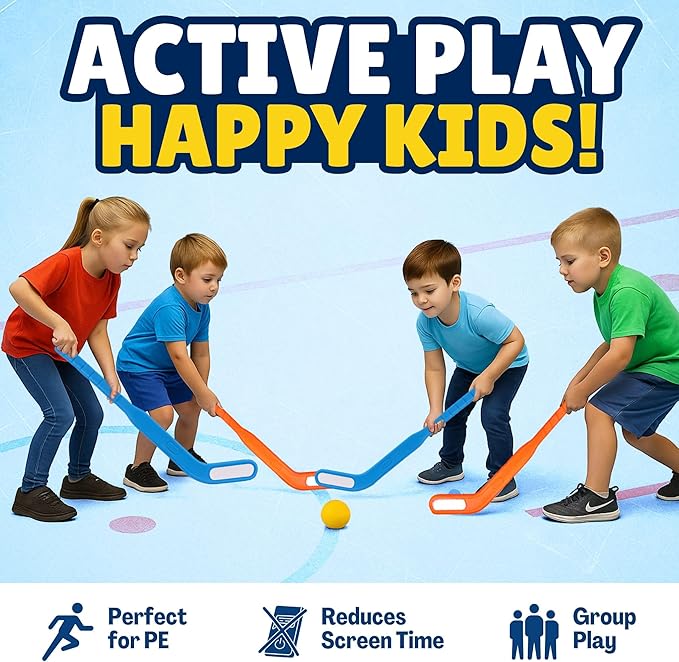 Kids Floor Hockey Stick Set - 29" Youth Indoor Outdoor Toys Sports Starter Set with Plastic Puck and Ball for Toddlers, Children Ages 3-7 (2 Pack)