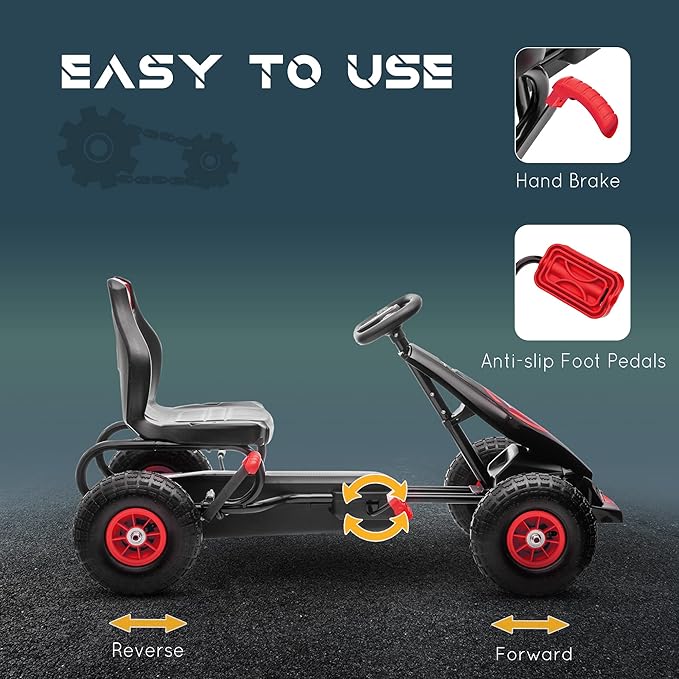 Aosom Kids Pedal Go Kart Ride-on Toy with Ergonomic Comfort, Pedal Car with Tough, Wear-Resistant Tread, Go Cart Kids Car for Boys & Girls with Suspension System, Safety Hand Brake, Ages 5-12, Red