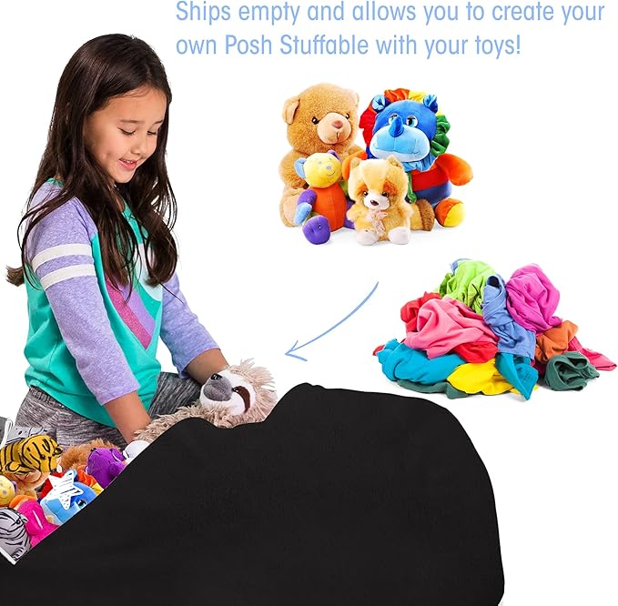 Posh Creations Stuffable Kids Stuffed Animal Storage Bean Bag Chair Cover - Childrens Toy Organizer, X-Large 48" - Soft Faux Rabbit Fur Black