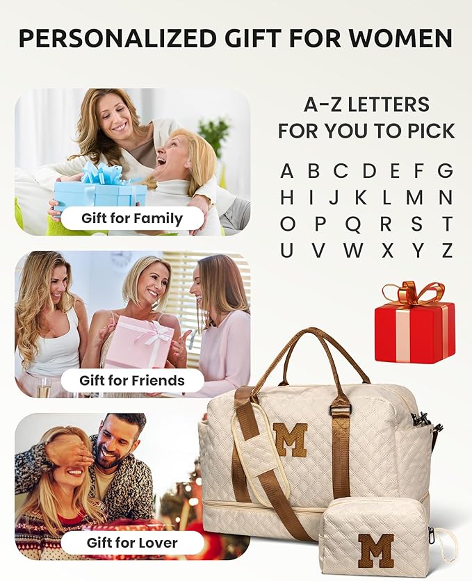Gifts for Mom-Initial Duffle Bag with Shoe Compartment, Personalized Weekender Bag, Monogram Overnight Bag, Letter Travel Bag with Makeup Bag，Personalized Gifts Idea for Women Her (Letter F)