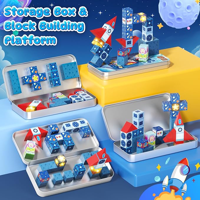 36 PCS Mini Magnetic Tiles Travel Set with Portable Iron Storage Box, STEM Learning Magnetic Building Blocks with LED Light-Up Glow in The Dark, Montessori Sensory Toys Gifts for Toddler, Boys & Girls