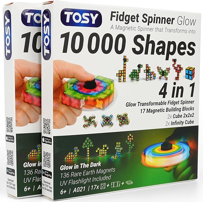 TOSY Magnet Fidget Spinner Glow - 16 blocks, 3in1 Toy: Transformable Fidget Spinner, Infinity/Puzzle Cube, Glowing, Christmas Stocking Stuffers Gift for Kids/Adults, STEM Sensory Stress Relief, 2-pack