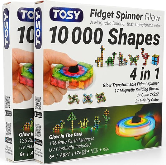 TOSY Magnet Fidget Spinner Glow - 16 blocks, 3in1 Toy: Transformable Fidget Spinner, Infinity/Puzzle Cube, Glowing, Christmas Stocking Stuffers Gift for Kids/Adults, STEM Sensory Stress Relief, 2-pack