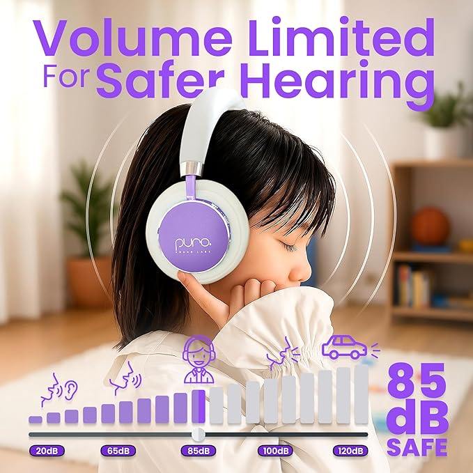 Puro Sound Labs Kids Wireless Headphones – Volume-Limiting 85dB, Built-in Mic, Studio-Grade Sound, 20-Hour Battery Life, Comfortable & Easy to Connect Kids Bluetooth Headphones – BT2200 Plus, Purple
