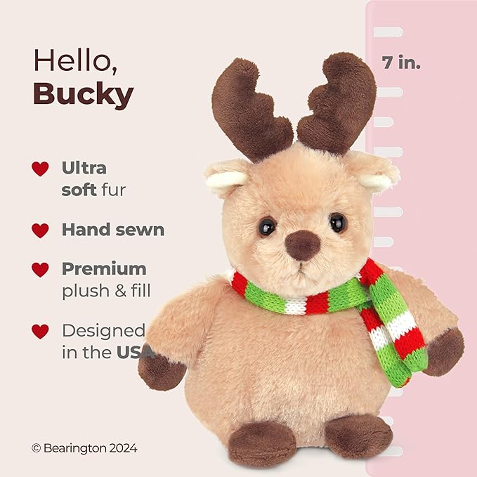Bearington Bucky Reindeer Stuffed Animal, Christmas Plushies, 7 Inch Plush Reindeer, Ideal Stuffed Christmas Animals Gift for Toddlers, Kids & Teens, for Ages 3-14
