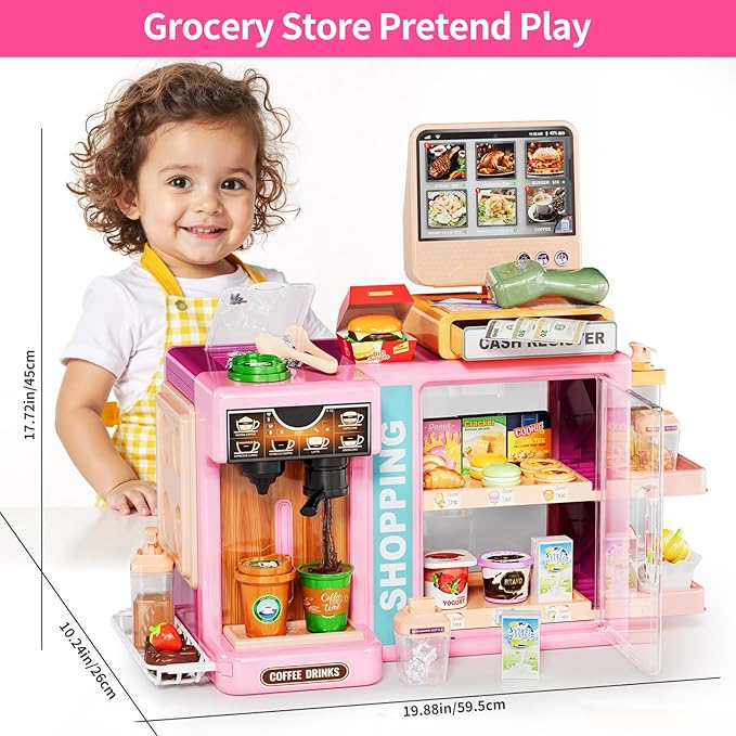 Play Food Store Toys for Kids, Pretend Play Grocery Store with Kids Cash Register with Touchscreen Voice Order, Toy Foods, Play Money, Interactive Preschool Toys for Girls Gift 3+