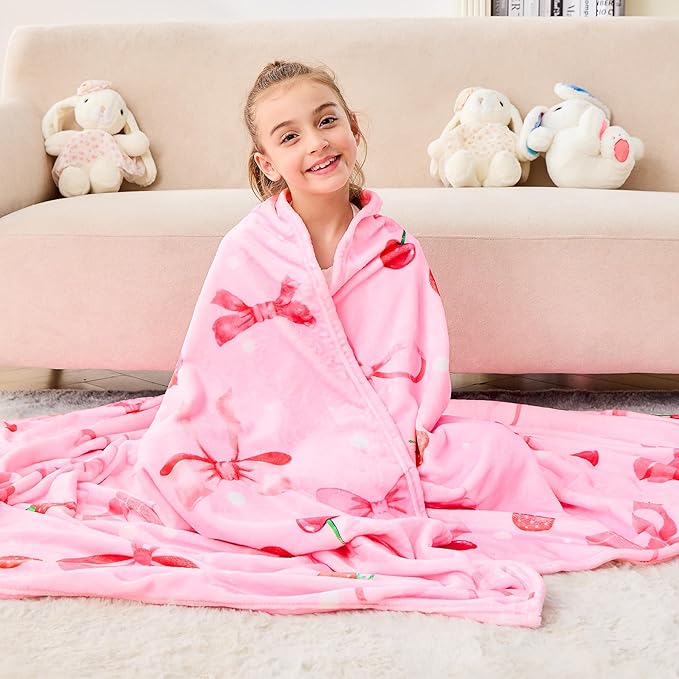 Wajade Strawberry Bow Gifts for Boys Girls - Strawberry Bow Blanket Birthday Christmas Decor for Kids Age 3 4 5 6 7 8 9 10 11 12 Years Old Teens Child Toddler Throw Light Grey 50"x60"
