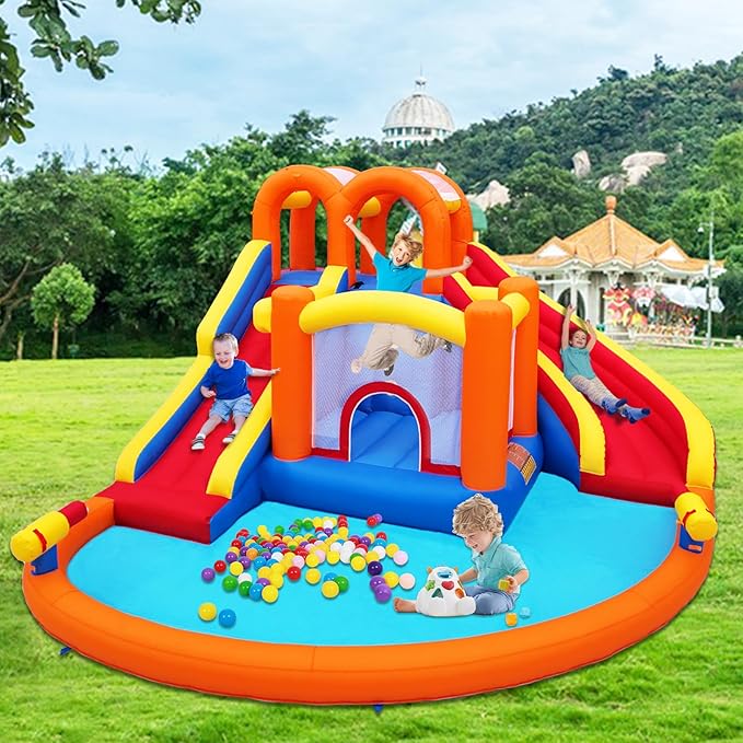 14.2x12.8FT Inflatable Water Park, Giant Slide Bounce House With 2 Long Slides, Thrilling Climbs, Trampoline and Big Splash Pool - 650W Air Blower Included