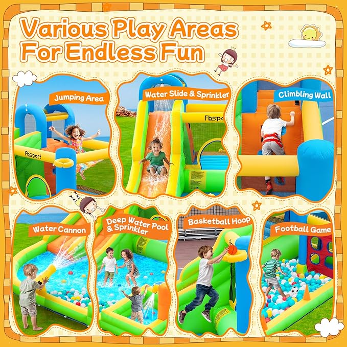 FBSPORT Inflatable Bounce House, 9 in 1 Water Slide with Blower, Bouncy House for Kids Indoor Outdoor Wet Dry Combo Water Bounce House with Football Shooting, Water Gun, Splash Pool, Bounce Area, Hose