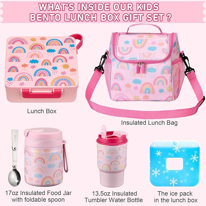Bento Lunch Box for Kids with 17oz Soup Thermo,Insulated Tumbler Water Bottle and Insulated Lunch Bag,Leak-Proof 3 Compartment Lunch Food Container with Ice Pack for Kids to School-Rainbow