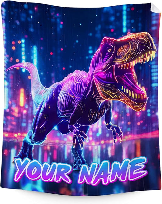 Custom Dinosaur Blankets Gifts for Boys - Teens Adult Fuzzy Dino Throw Blanket for Room, Work