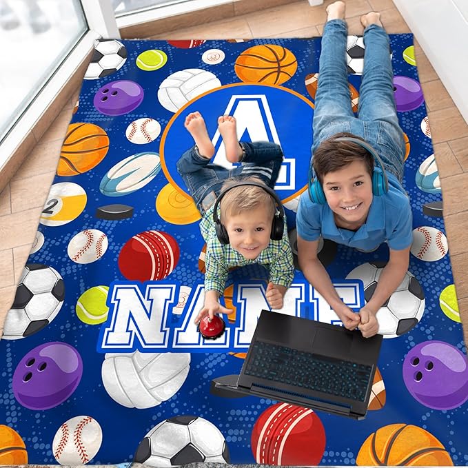 Boys Blanket Custom with Name Sports Blanket Gifts Ideas for Kids 6-8, Personalized Cute Soft Cozy Flannel Monogram Ball Throws for Couch Sofa Bedding Room Home Decor (4 Sizes)