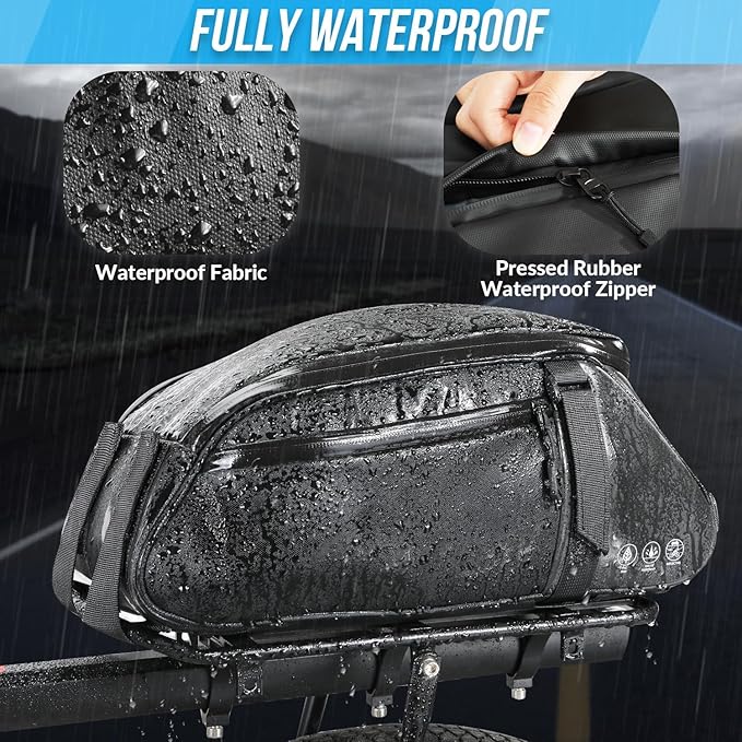 WOTOW Reflective Rear Rack Bag, Water Resistant Bike Saddle Panniers for Bicycles Ebike, 8L Trunk Cycling Back Seat Cargo Carrier Storage Pouch With Shoulder Strap for Travel Commute