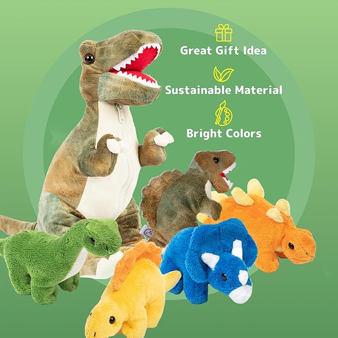 PREXTEX Dinosaur Stuffed Animal Set - Mommy T-Rex with 5 Plush Baby Dinosaurs Inside - Soft Dinosaurs Plush Toys for Kids 3 and Up - Portable Dinosaur Pillow Gift for Boys and Girls - Zipper Storage