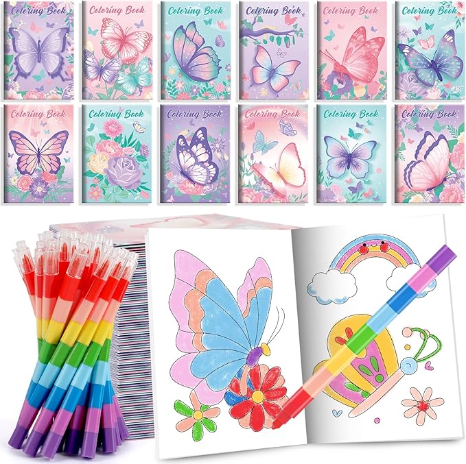 BenLouis 12 Butterfly Mini Coloring Books Kids with 12 Stacking Crayons Butterfly Theme Party Favors Small Activity Books Bulk for Kids Spring Fairy Birthday Party Gift Goodie Bag Stuffers