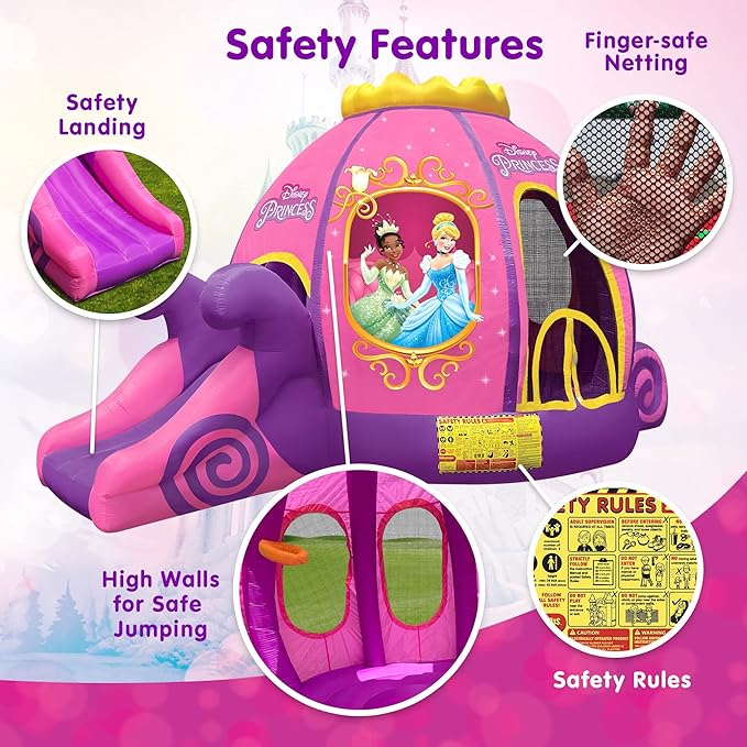 Funormous Disney Princess Carriage Inflatable Pink Bounce House with Slide and Ball Pit, Indoor Outdoor Bouncy Castle with Air Blower Kids Ages 3-8