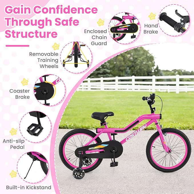 COSTWAY 16”/18” Lighted Kids Bike, Children Sport Bicycle with LED Light-up Frame, Adjustable Saddle, Training Wheels, Handbrake & Coaster Brake, Kids Riding Bike for 4-7/4-8 Years Old Boys & Girls
