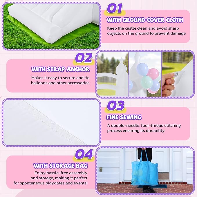 Inflatable White Bounce House for Kids Indoor Outdoor Bouncy Castle for Kid 3-10 Toddler Bounce House with Ground Cover Mat& Blower, Wedding Party Kids Birthday Party (Small Bounce House White)