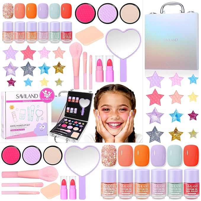 SAVILAND Kids Makeup Sets for Girls 5-8: All-in-1 Creative Makeup for Kids Real Washable Toddler Makeup Kit with Cosmetic Case Nail Polish Lipstick Blush Girls Birthday Christmas Gifts 28 PCS