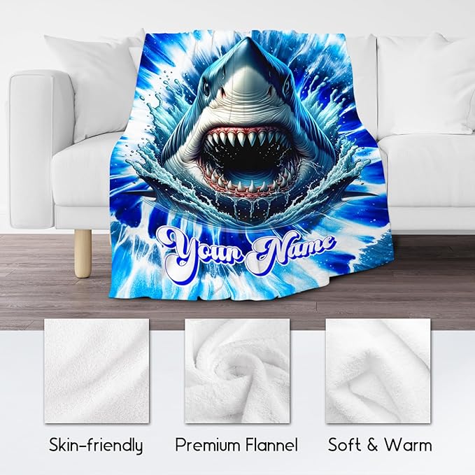 UNIKITTY Personalized Blanket for Kids, Shark Blanket for Boys, Custom Shark Gifts for Toddlers, Warm Fluffy Tie Dye Throw for Couch (4 Sizes)