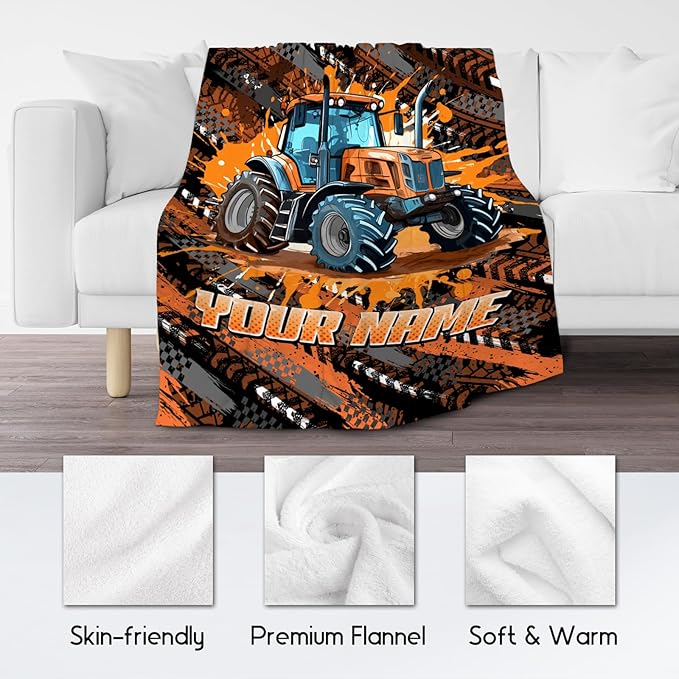 Personalized Blanket for Kids Tractor Throw Gifts - 4 Sizes Cozy Soft Fleece Blankets for Toddler Boys