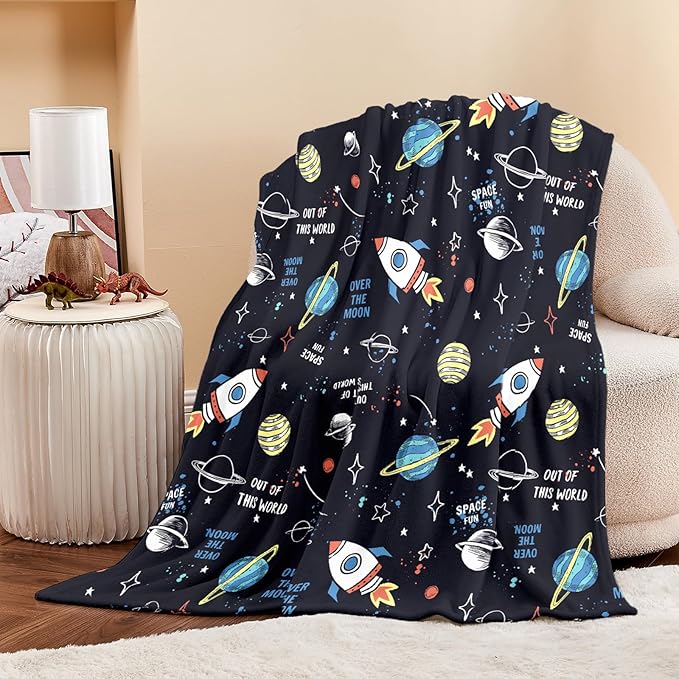 Wajade Toddler Fleece Space Blanket for Boys Kids 3D Rocket Planets Soft Throw Blanket Birthday Christmas Halloween Space Decor for Children 60"x80"