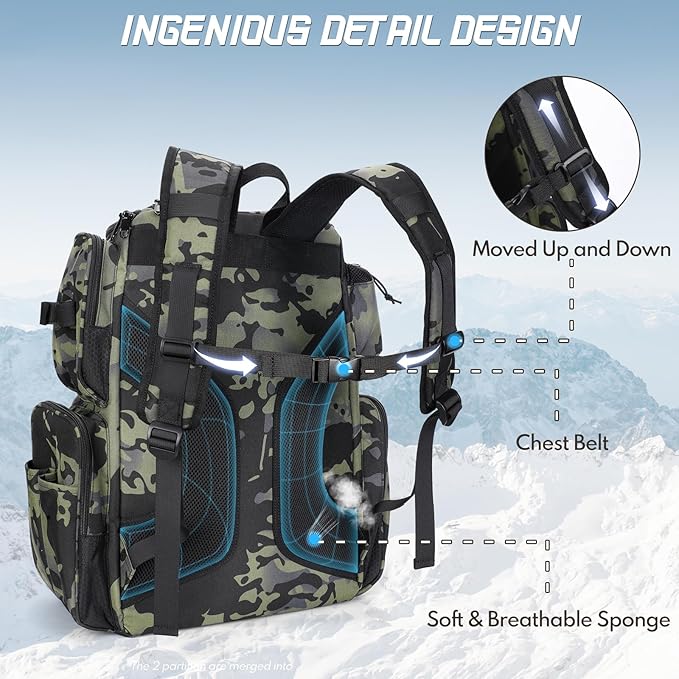 Anpress 38L Fishing Tackle Backpack with 2 Rod Holder Waterproof Large Storage Outdoor Tackle Bag Fishing Rucksack Bag for 4 Trays, Tackle Storage Backpack for Camping Hiking Traveling Cycling