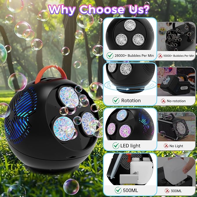 Bubble Machine Automatic Bubble Blower for Kids Toddlers Rechargeable Portable Spherical LED Bubble Maker Electric Auto Rotating 45°/360° Outdoor Toy Birthday Party Wedding (Spherical Black)