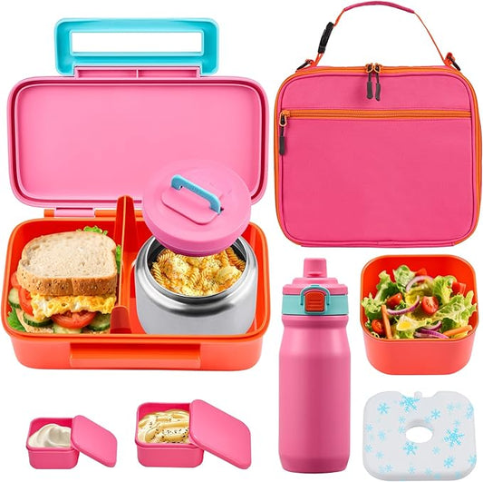 PIQUEBAR Kids Lunch Box with 8oz Thermo, Leakproof Bento Box with Insulated Bag, Kids Insulated Water Bottle with Straw, Food Lunch Container for Back to School Girls Boys, Pink