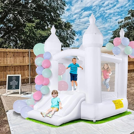 Inflatable White Bounce House for Kids Indoor Outdoor Bouncy Castle for Kid 3-10 Toddler Bounce House with Ground Cover Mat& Blower, Wedding Party Kids Birthday Party (Small Bounce House White)
