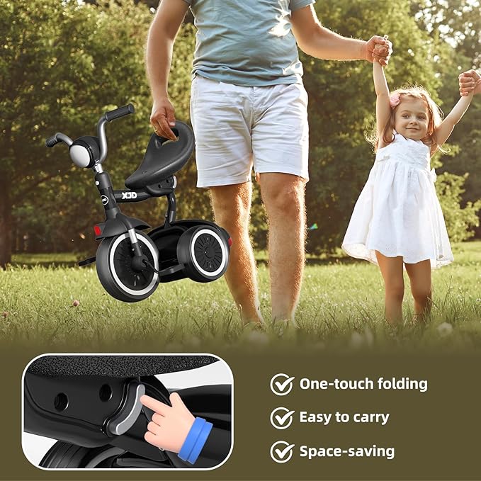 XJD Toddler Tricycle, Foldable Toddler Bike with Pedals, Tricycle for 2-5 Year Olds, Adjustable Comfortable Seat, Birthday Gifts for 1-5 Years Old Boys and Girls (Black)